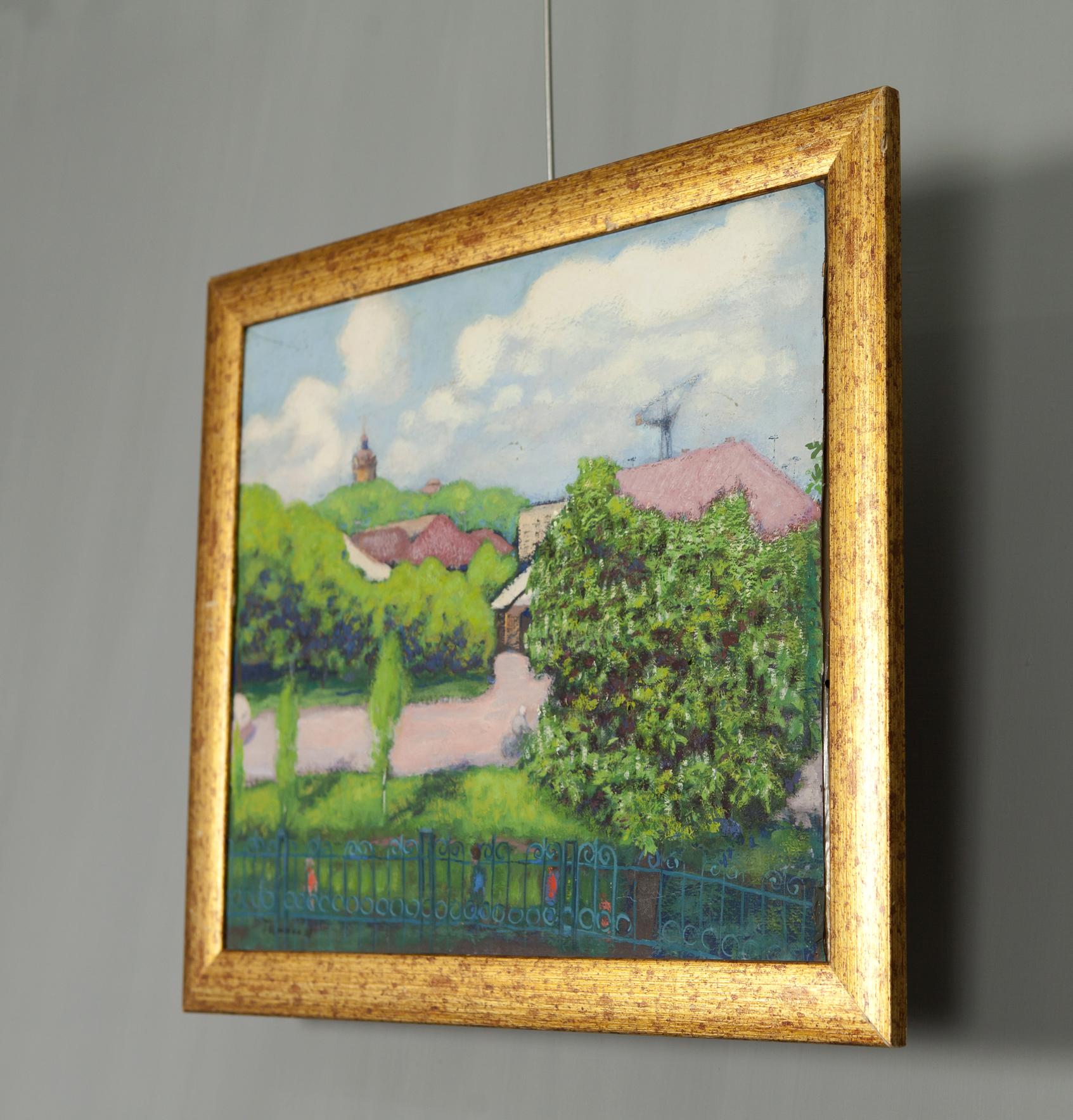 Oil painting summer landscape in village, square golden frame, pastoral trees houses cloudy sky