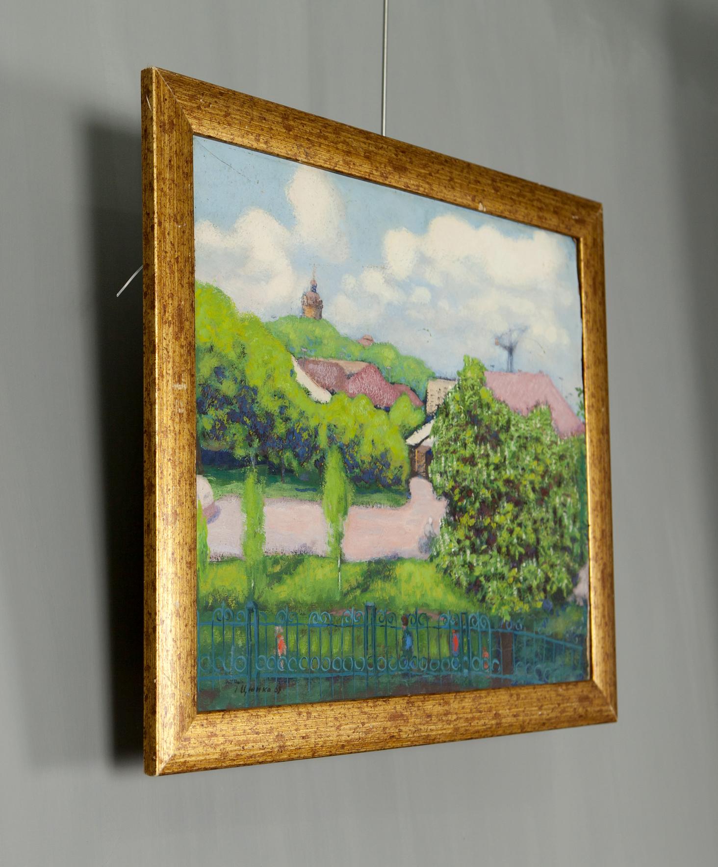 Oil painting summer landscape in village with golden frame
