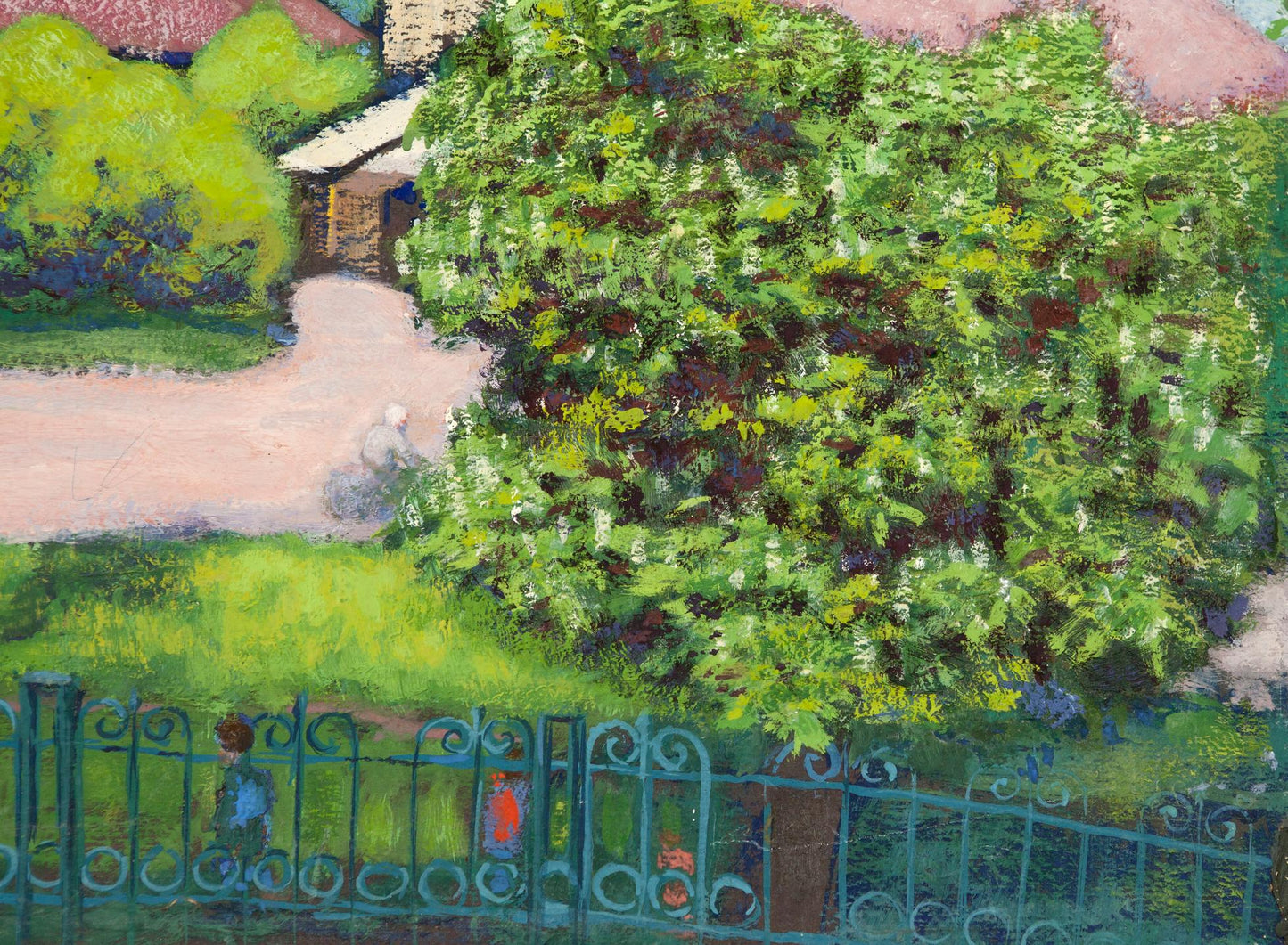 Teal wrought iron fence with ornate scrollwork in village summer landscape oil painting