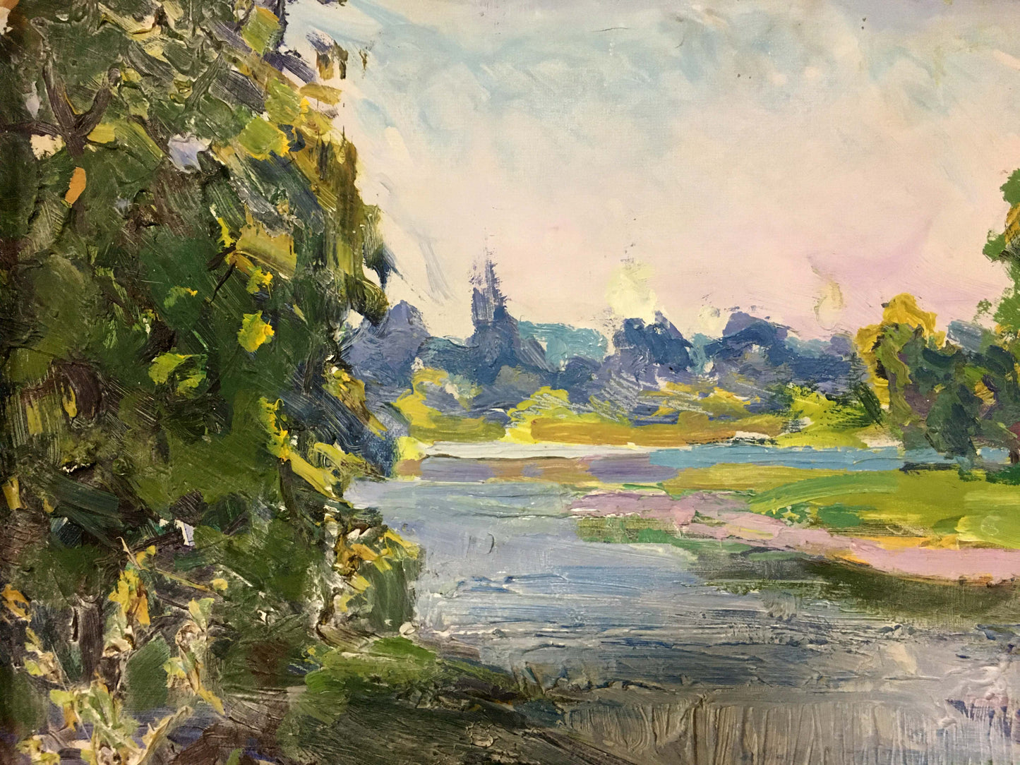 Vibrant impressionist oil painting by Glushchenko Alexander Nikolaevich: Summer morning river scene