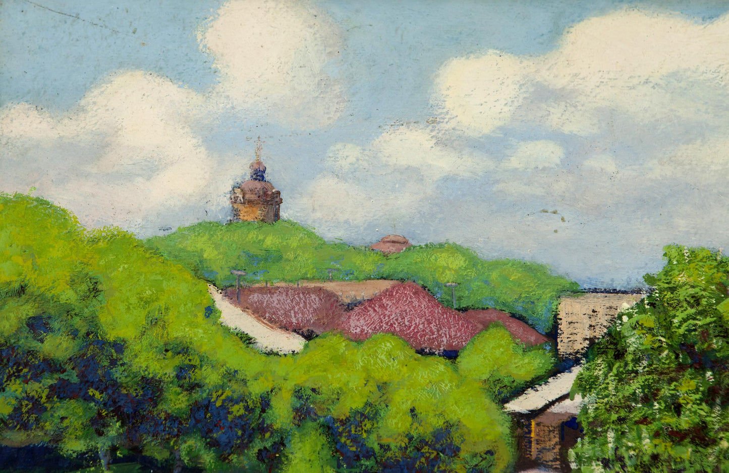 Oil painting of summer village landscape with domed tower on green hill
