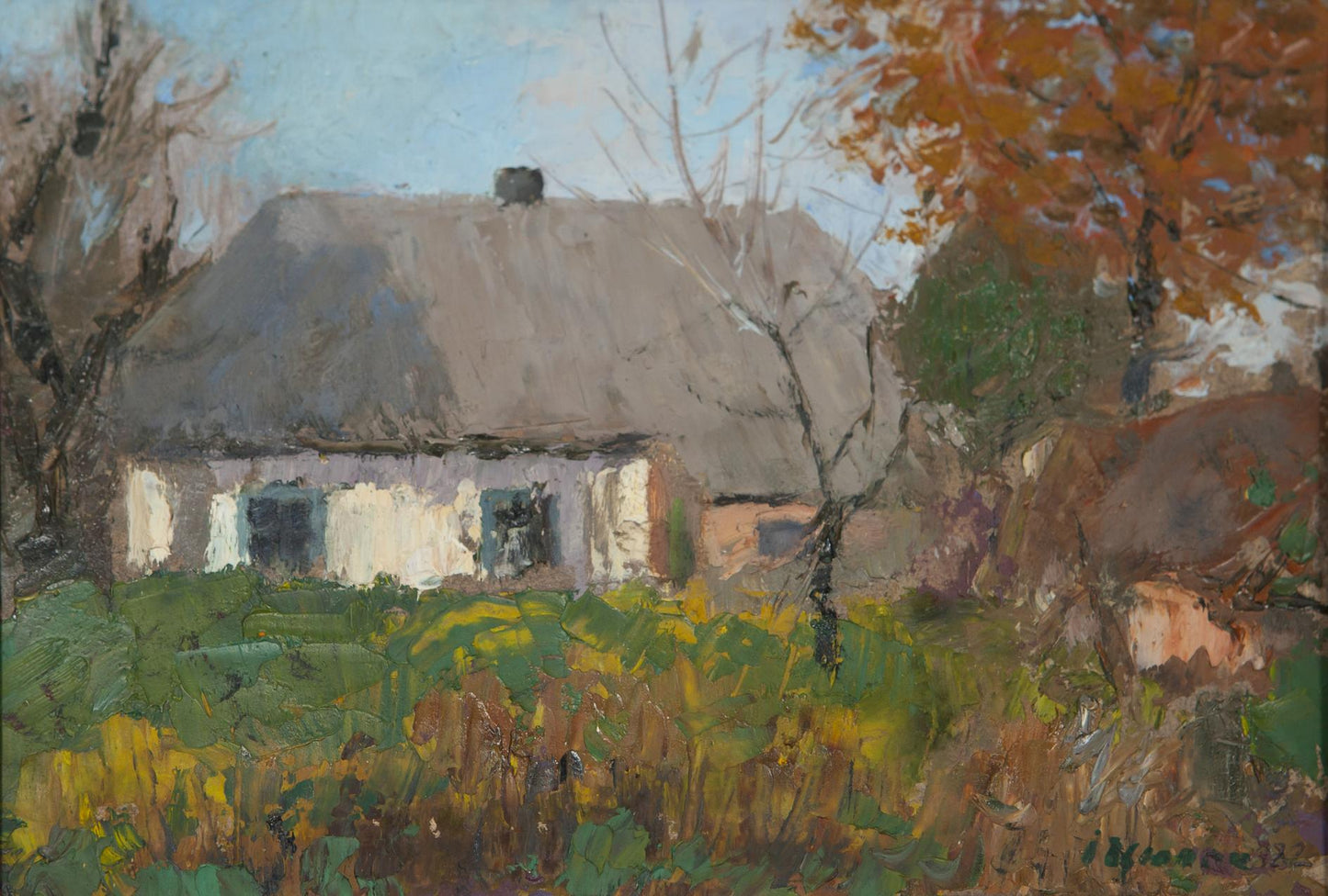 Oil painting Beginning of autumn by Ivan Kirillovich Tsyupka: rustic white thatched cottage among autumn trees