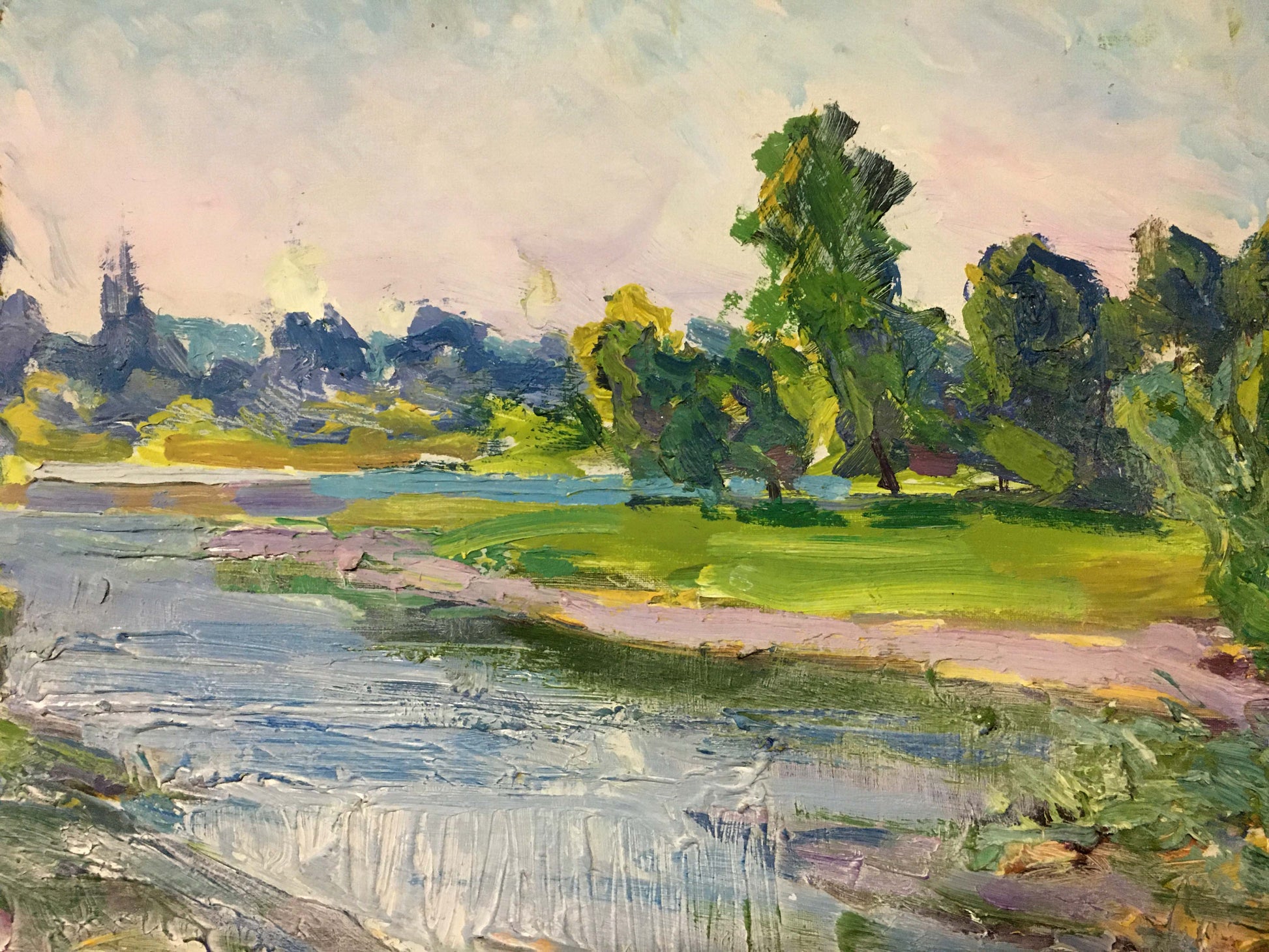 Textured impressionist oil painting of Summer morning riverbank by Glushchenko Alexander Nikolaevich