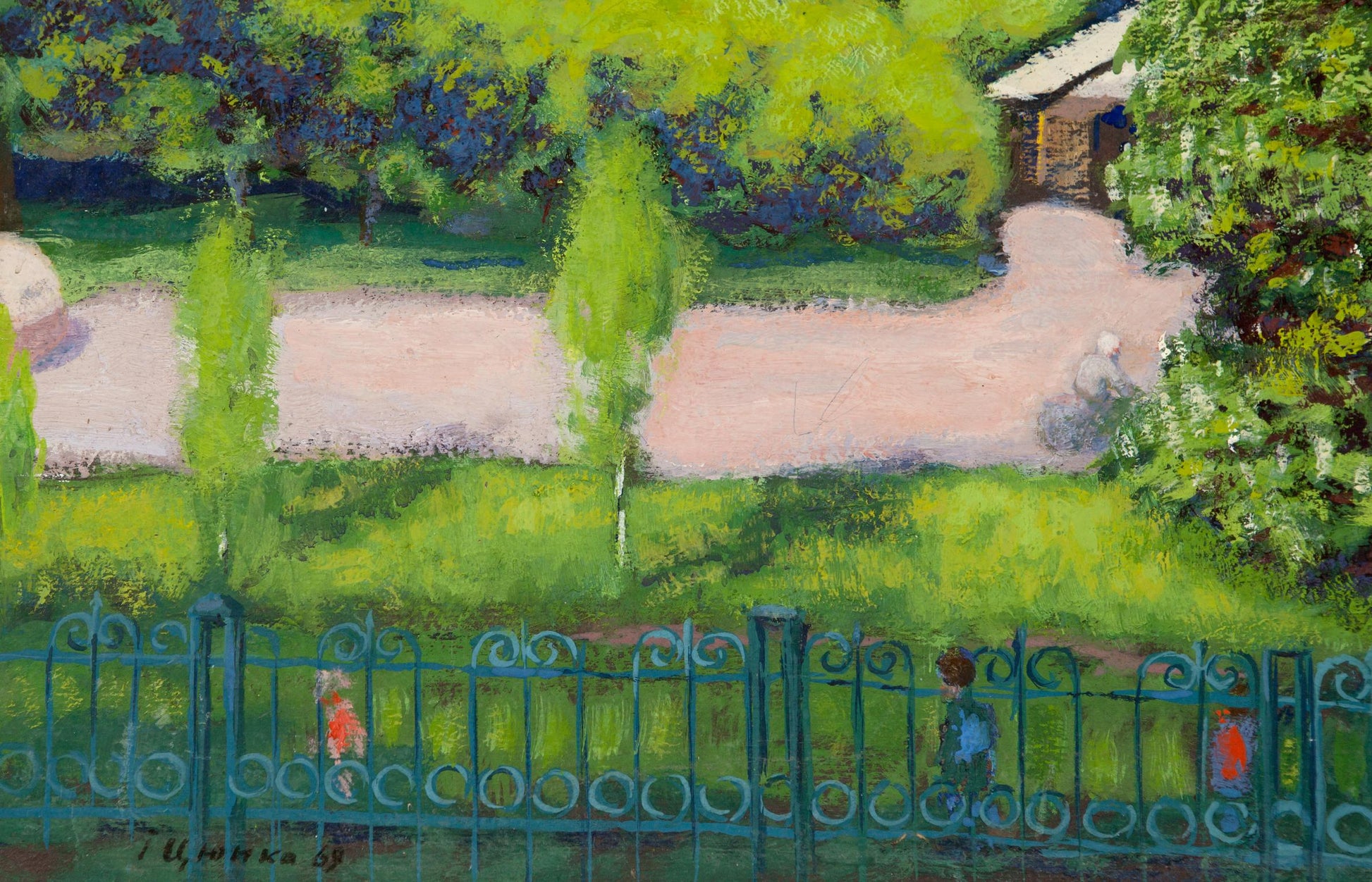 Teal wrought iron fence with ornate scrollwork in village landscape oil painting