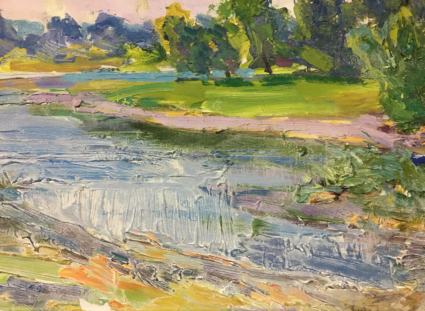 Vibrant impressionist oil painting of summer morning riverbank by Glushchenko Alexander Nikolaevich