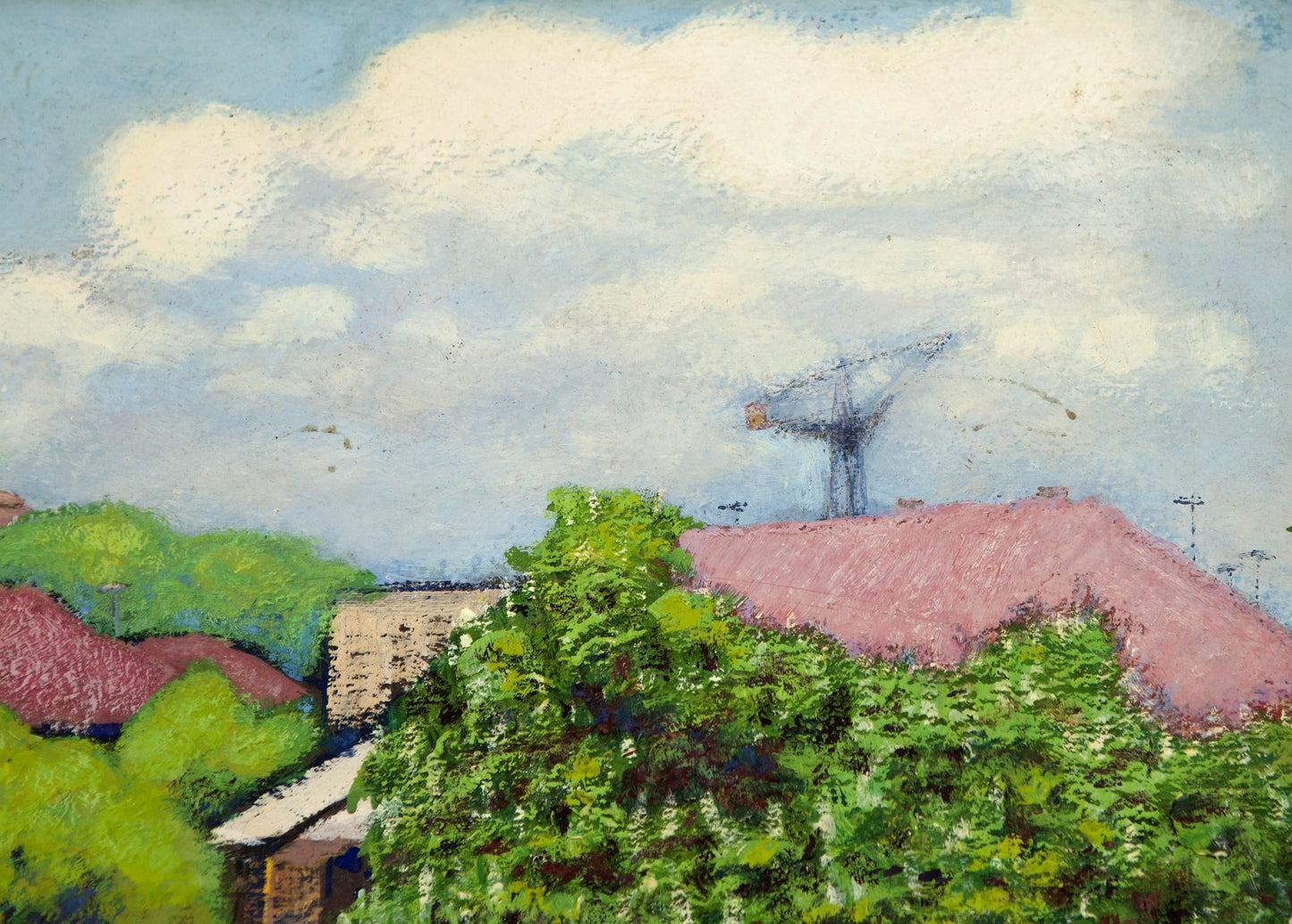 Tall dark metal satellite dish over pink-roofed building in village oil painting