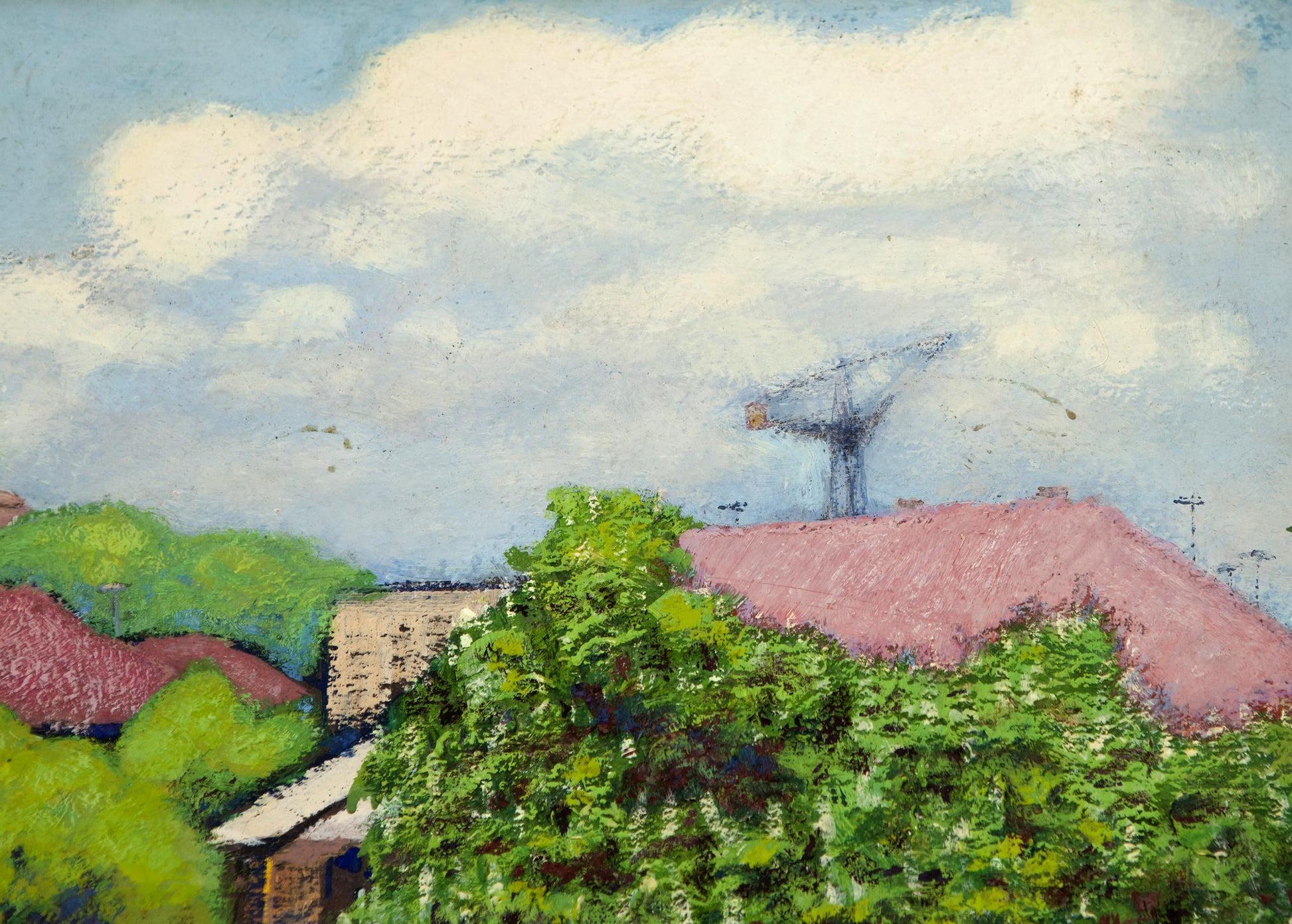 Tall dark metal satellite dish over pink-roofed building in village oil painting