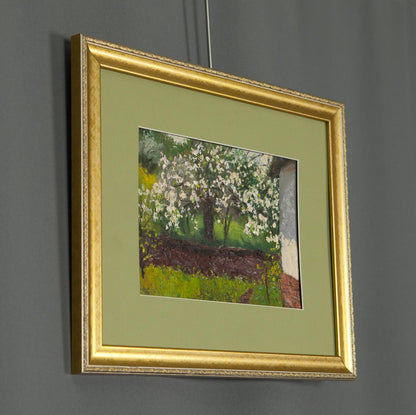 Elegant gold-framed impressionist apple tree oil painting by Ivan Kirillovich Tsyupka