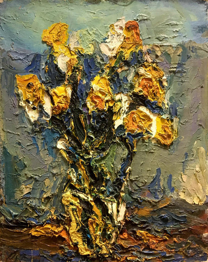 Textured oil painting of yellow flowers by Sergey Dupliy, vibrant impasto bouquet