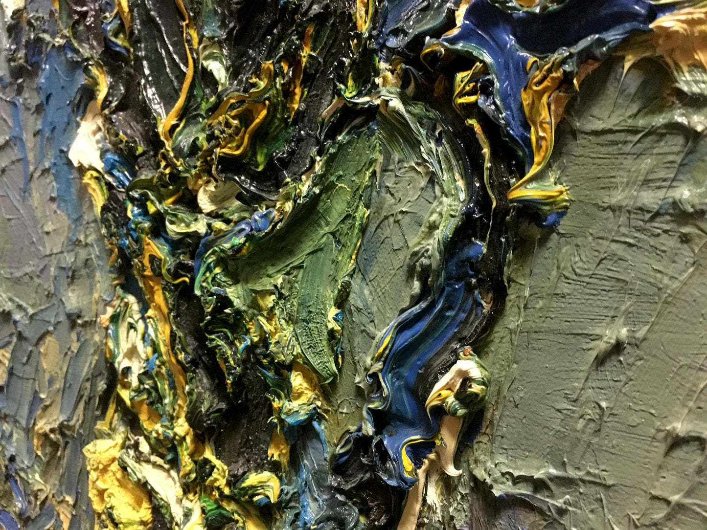 Textured impasto oil painting of yellow flowers by Sergey Dupliy in green, blue, yellow