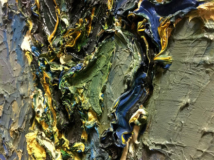 Textured impasto oil painting of yellow flowers by Sergey Dupliy in green, blue, yellow