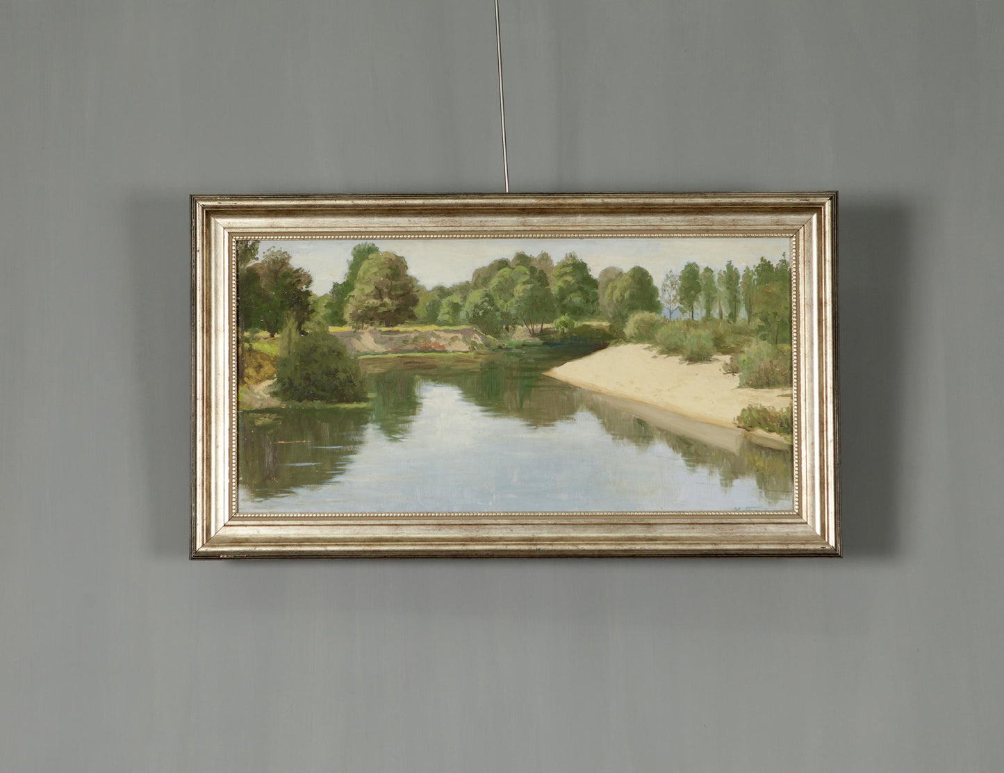 Summer River Oil Painting: serene river with lush trees in silver frame