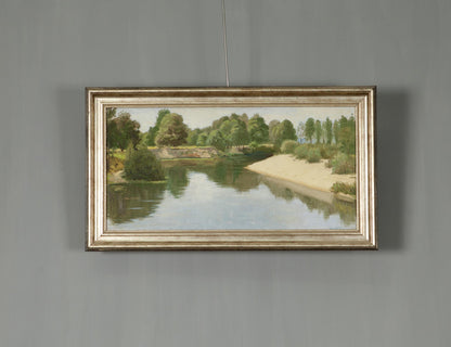 Summer River Oil Painting: serene river with lush trees in silver frame