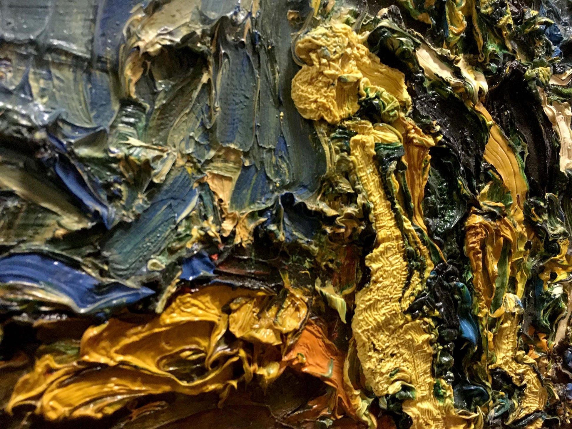 Oil painting of yellow flowers by Sergey Dupliy with impasto blue and yellow strokes