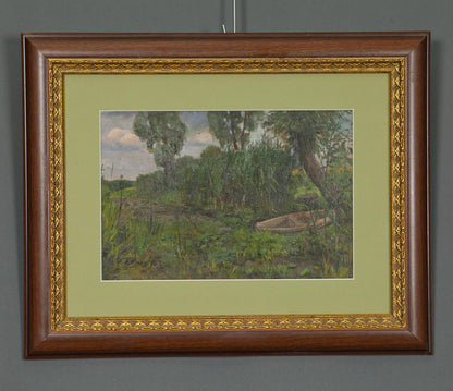Oil painting Ancient Rameshka: framed impressionist landscape with lush greenery