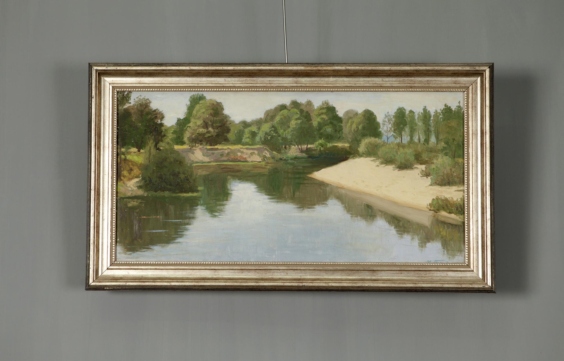 Summer River Oil Painting in ornate silver frame with serene river scene