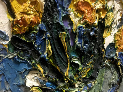 Oil painting of yellow flowers by Sergey Dupliy with vibrant impasto layers