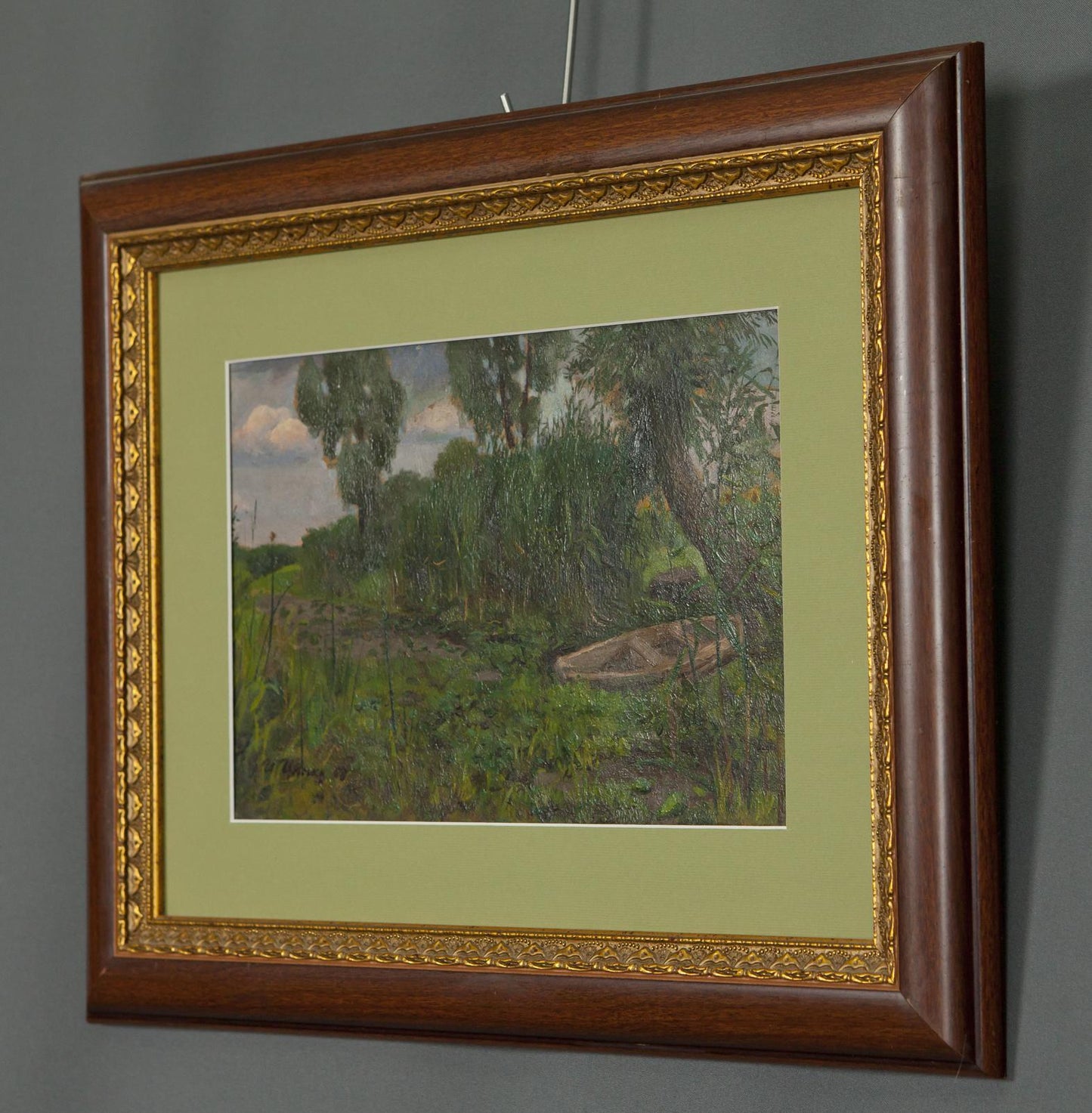 Oil painting Ancient Rameshka framed landscape with green foliage under cloudy sky