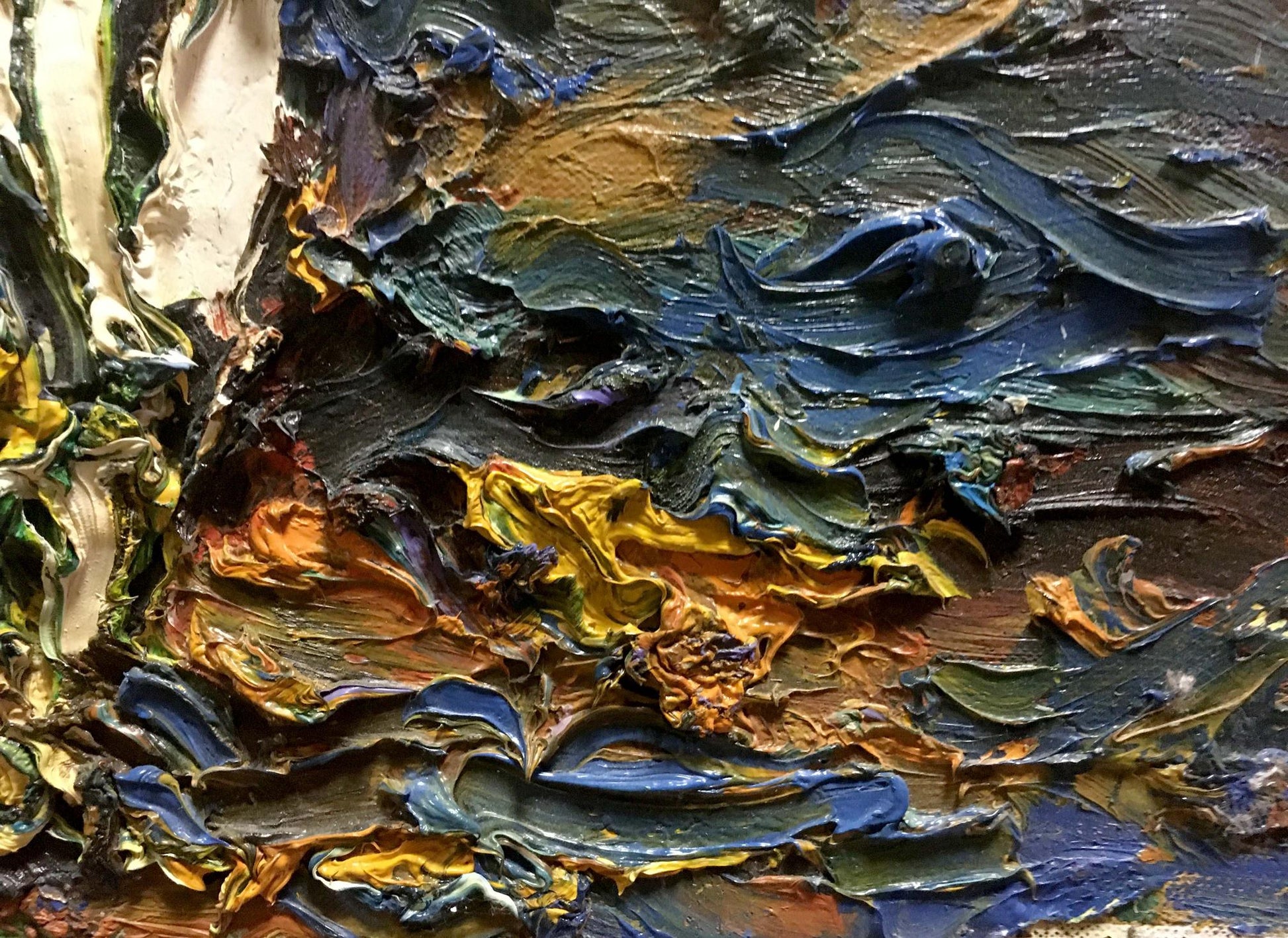 Oil painting Yellow flowers Sergey Dupliy with impasto blues golds earthy tones