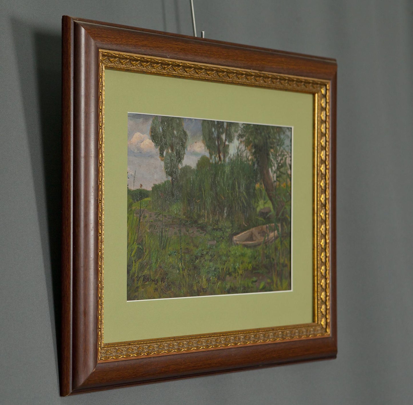 Oil painting Ancient Rameshka: lush green landscape in square dark wood frame