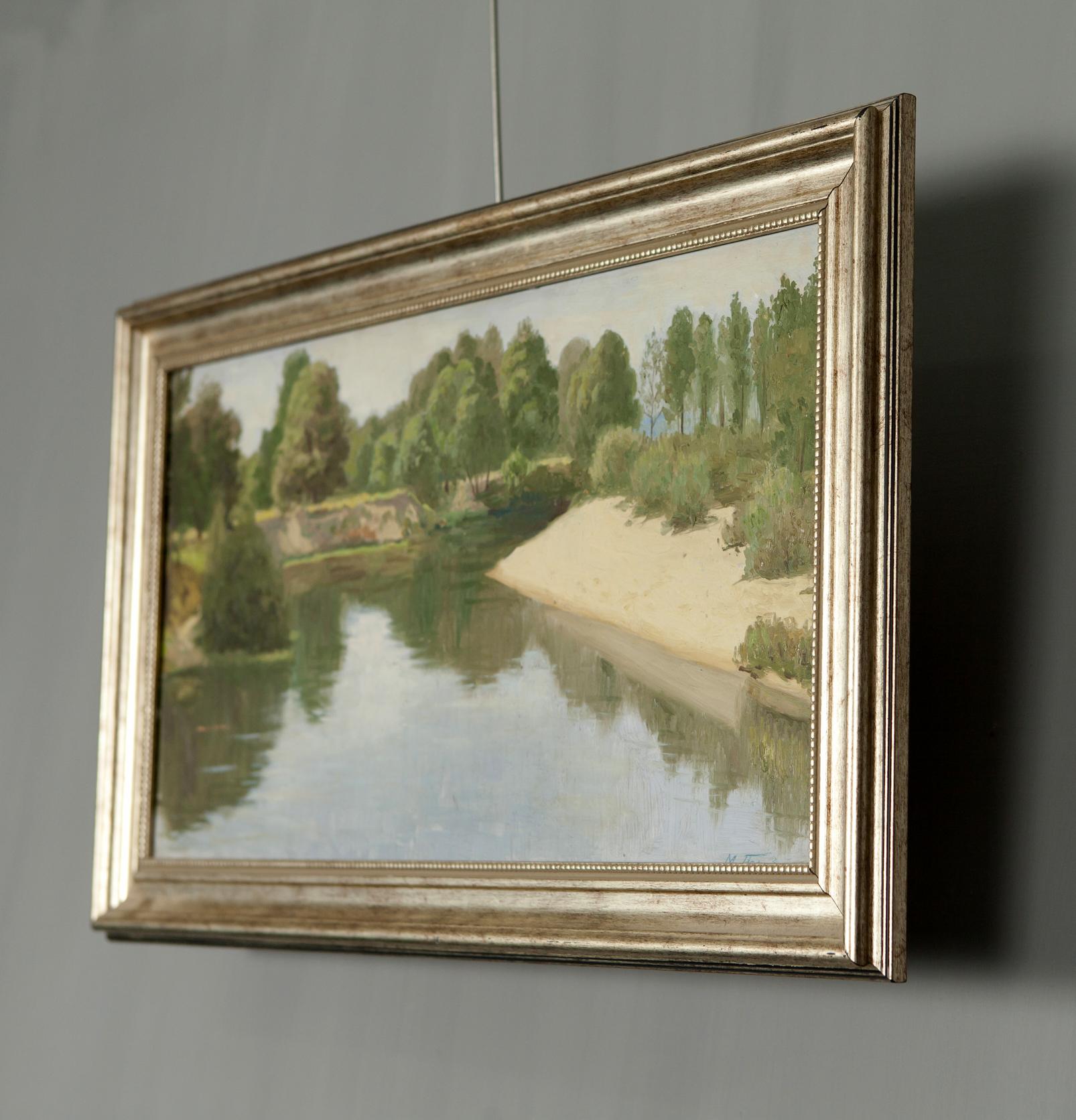 Summer River Oil Painting: serene river with lush green trees and reflective water