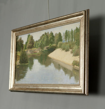 Summer River Oil Painting: serene river with lush green trees and reflective water