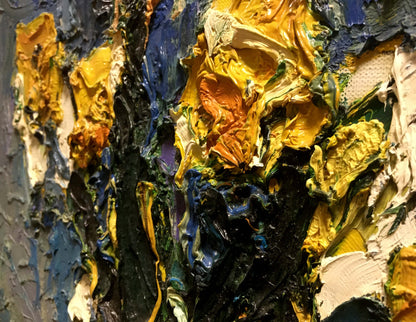 Oil painting of yellow flowers by Sergey Dupliy with impasto strokes