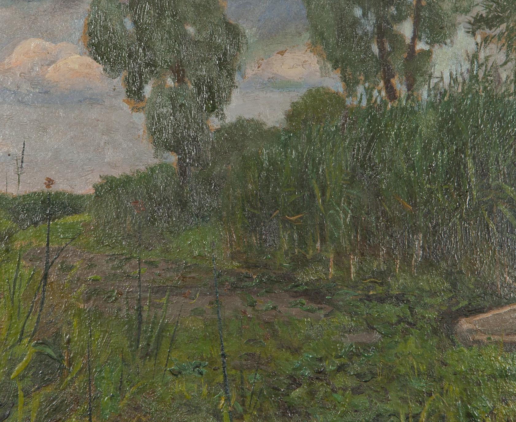 Oil painting Ancient Rameshka: lush green landscape with tall trees under cloudy sky