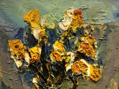 Oil painting Yellow flowers by Sergey Dupliy, vibrant textured impressionist florals