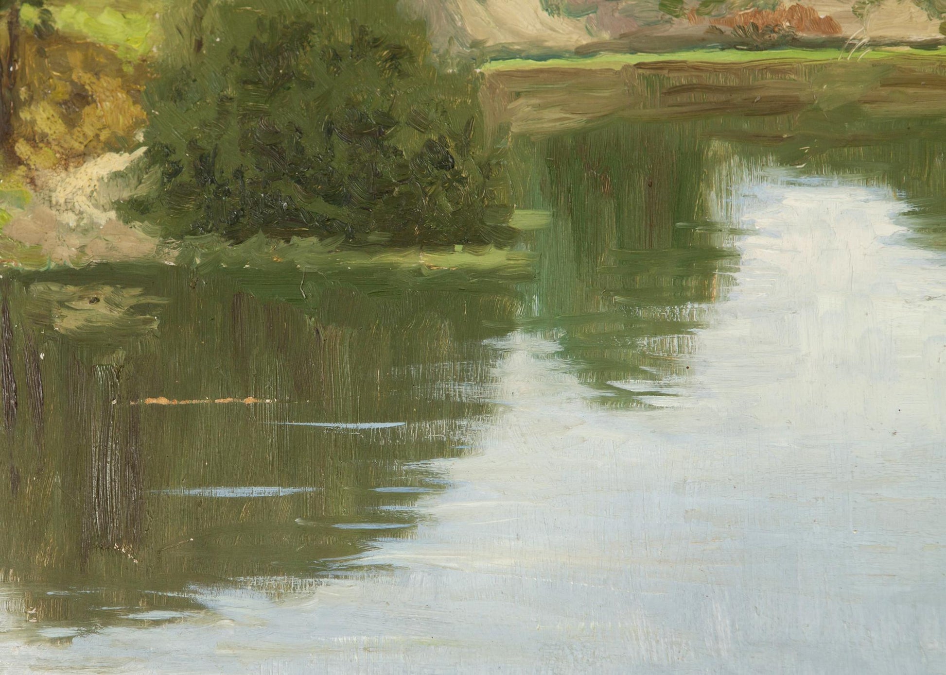 Summer River oil painting of serene ripples reflecting lush greenery