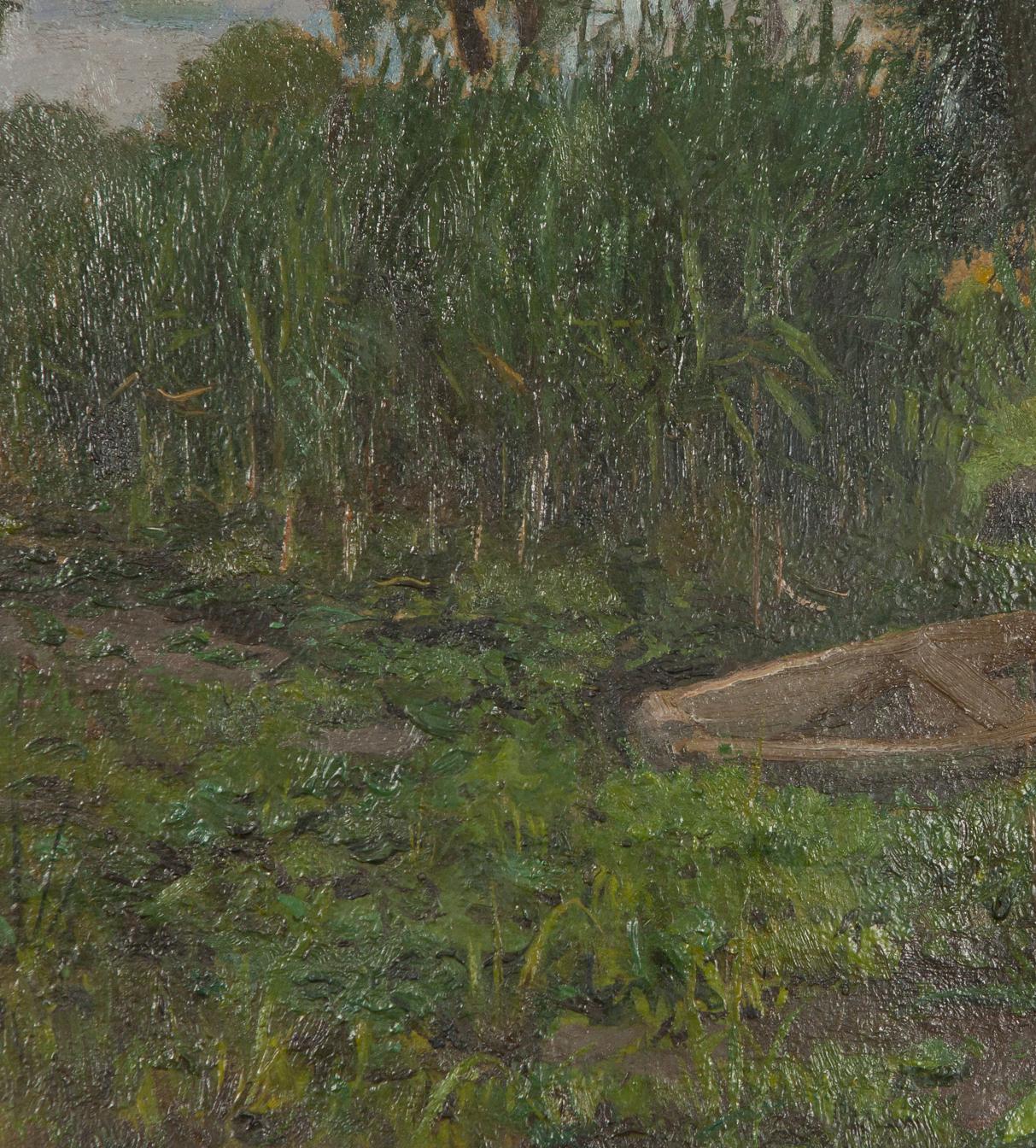 Oil painting Ancient Rameshka: weathered wooden canoe in green reeds