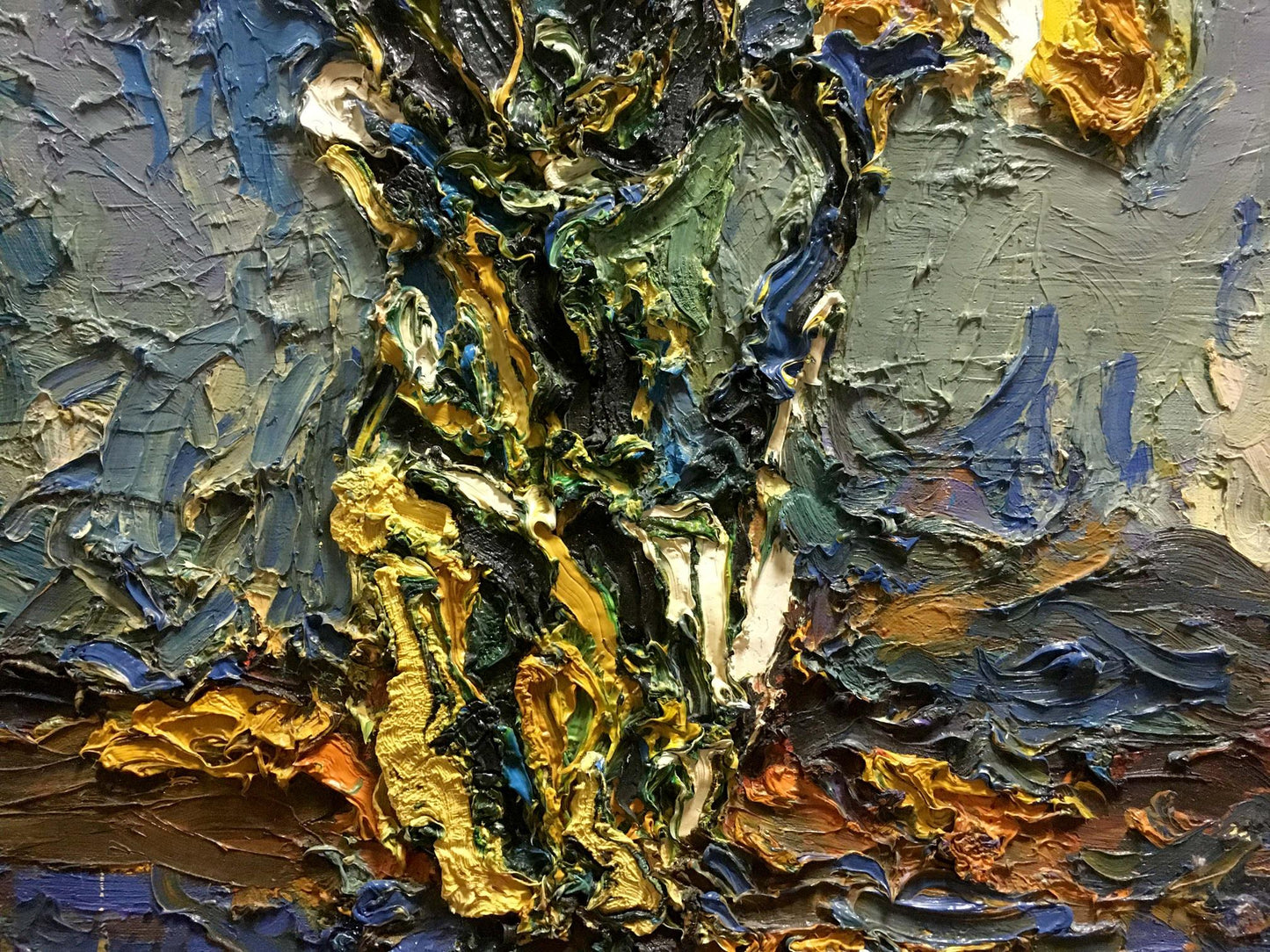 Oil painting of yellow flowers by Sergey Dupliy in impasto gold blue green tones