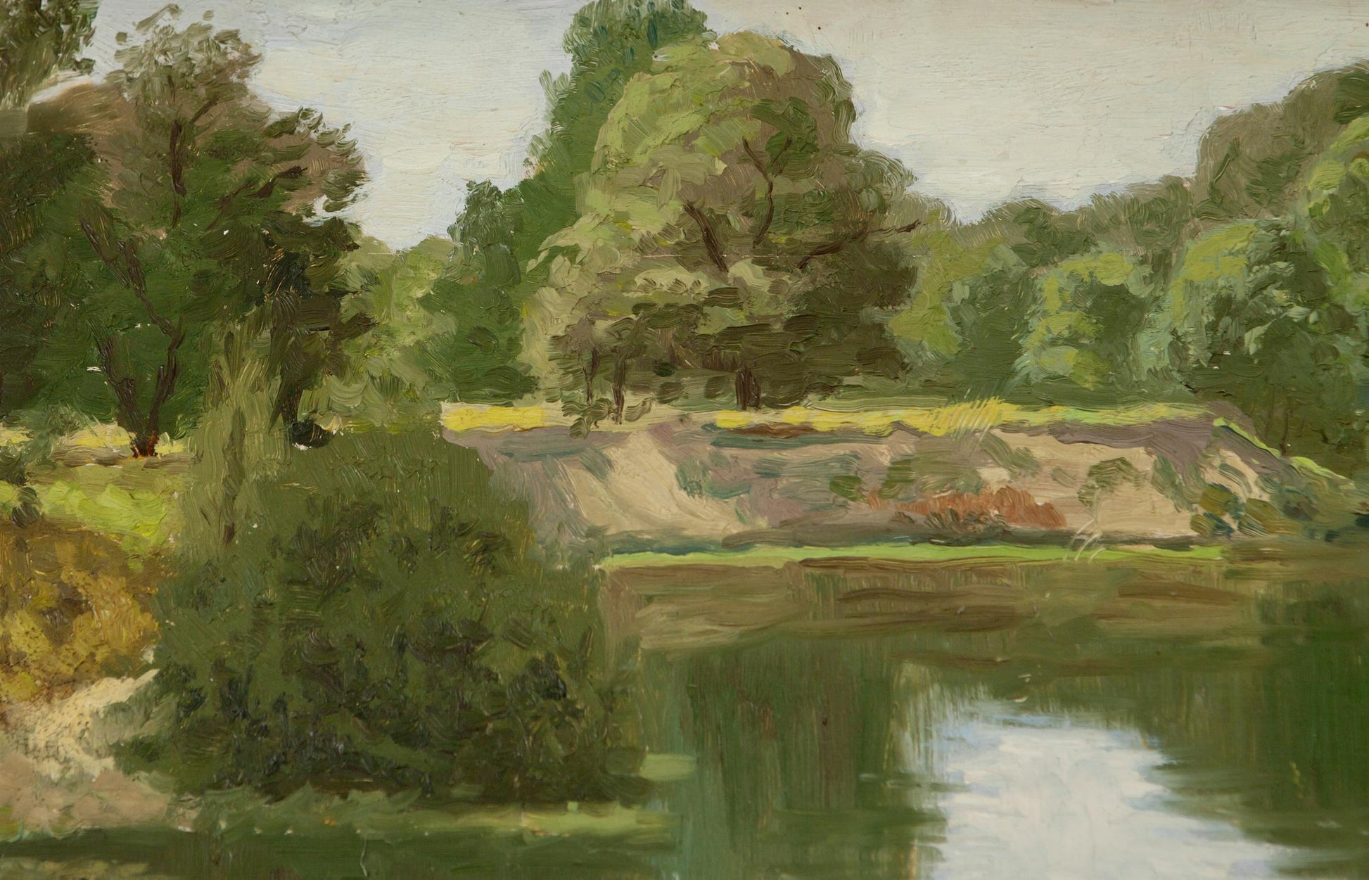 Serene Summer River oil painting with lush green trees reflection