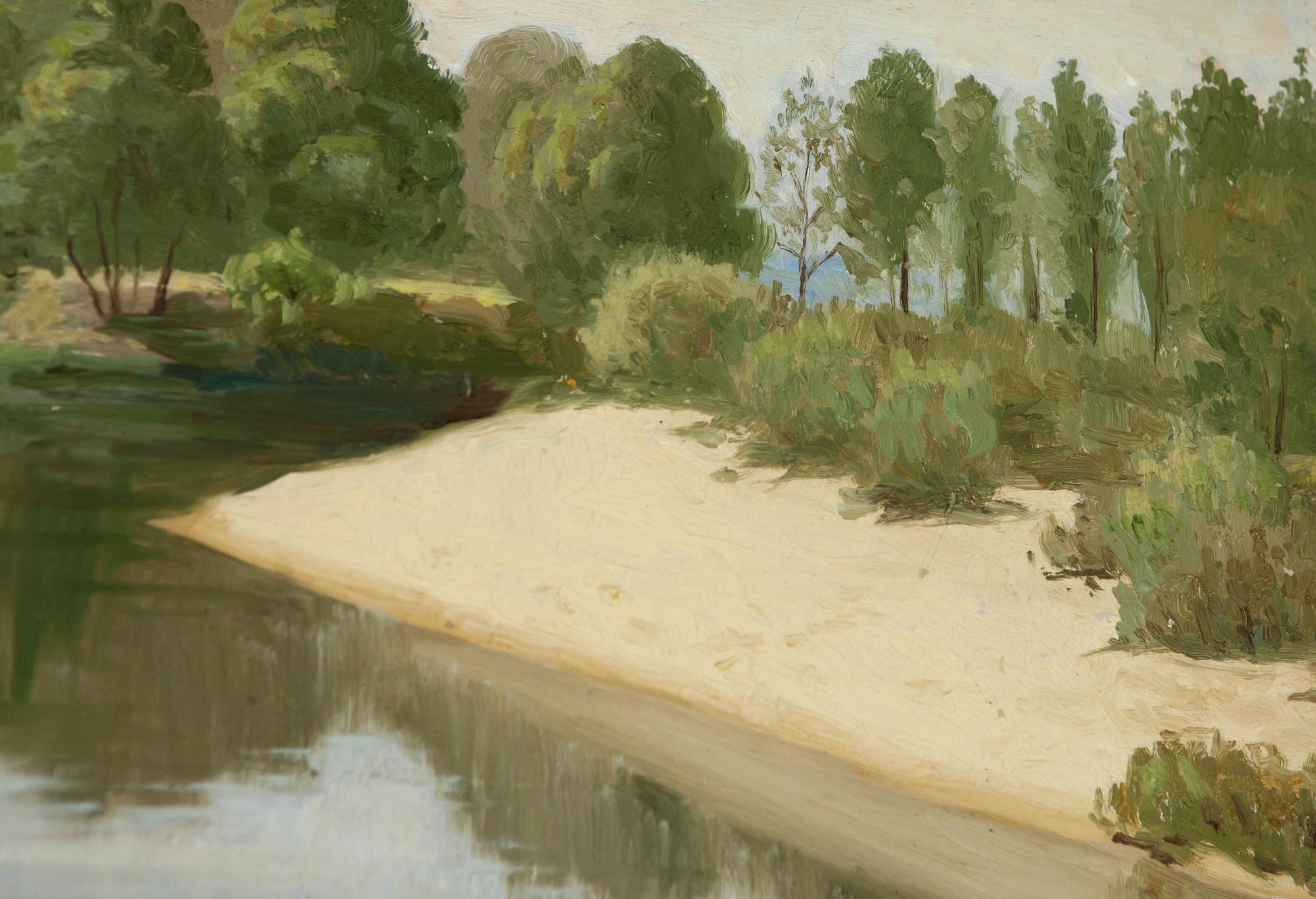Summer River oil painting of serene riverbank with lush trees and calm waters