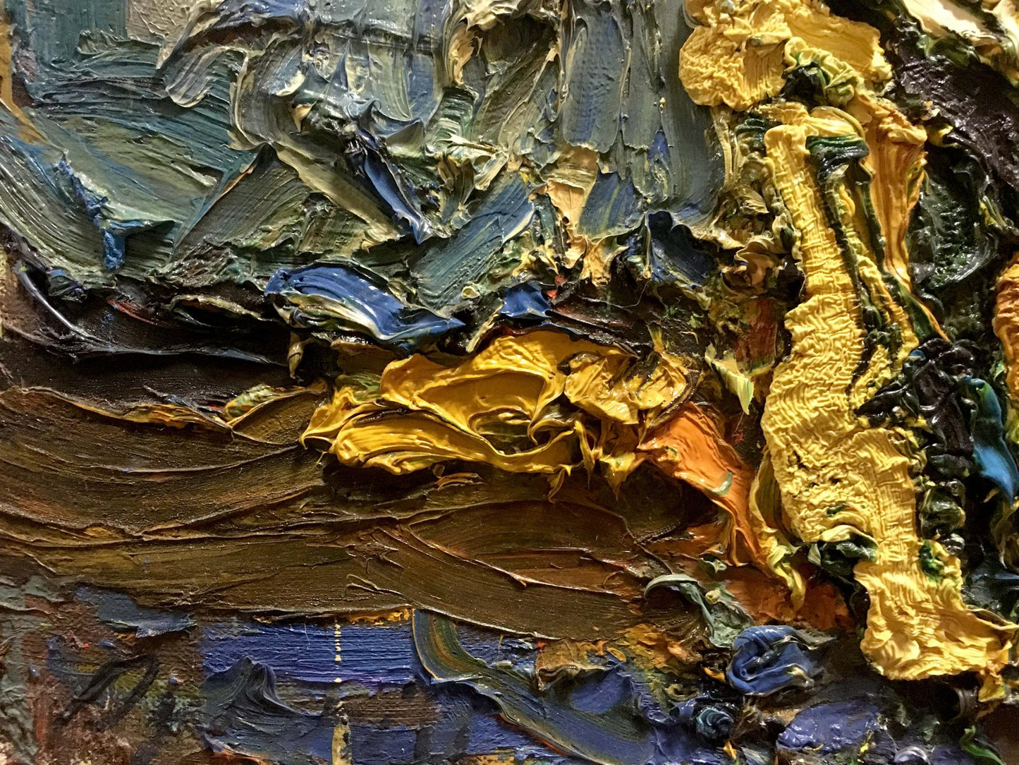 Oil painting of yellow flowers by Sergey Dupliy in gold, blue, brown impasto