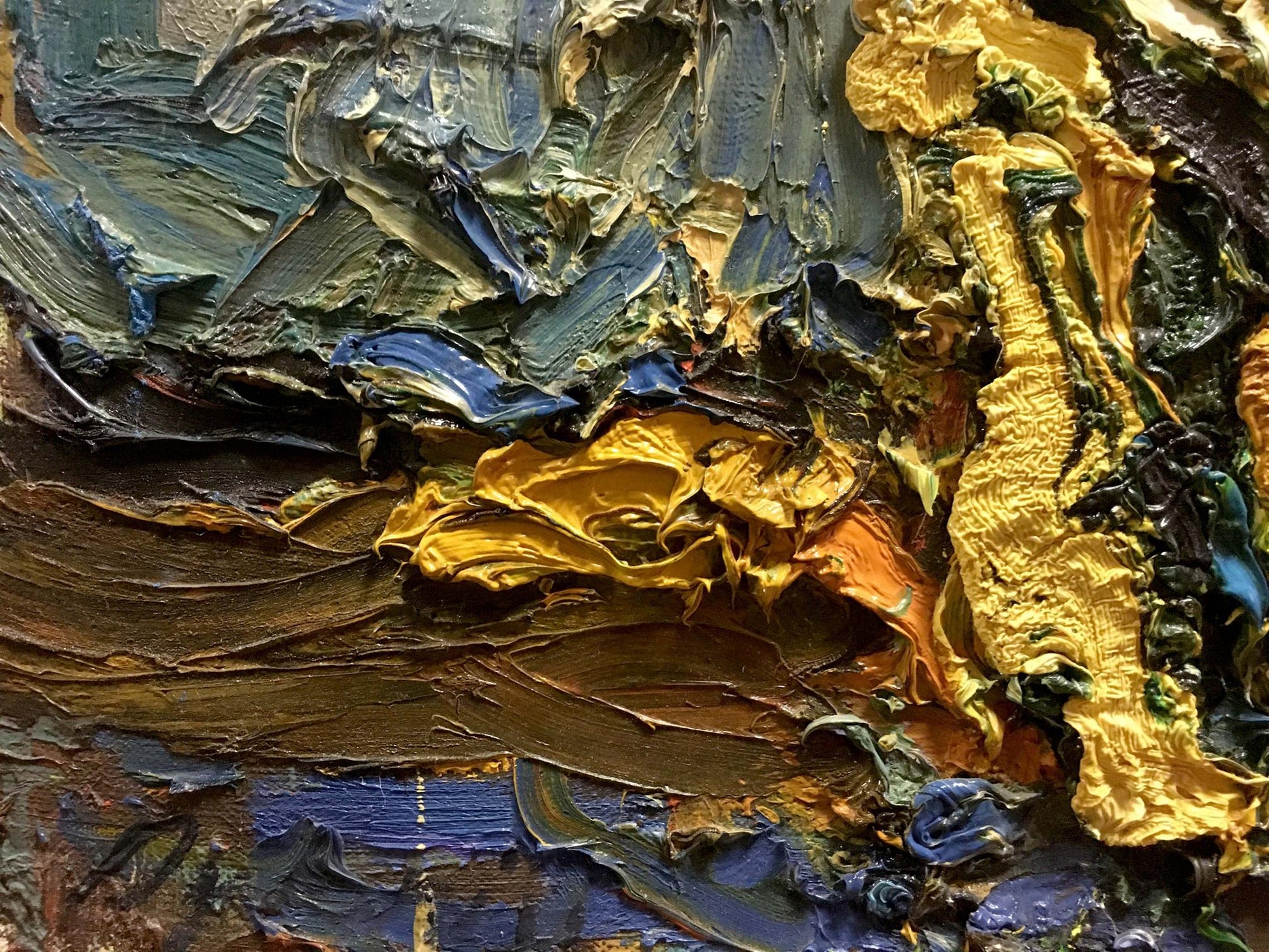 Oil painting of yellow flowers by Sergey Dupliy in gold, blue, brown impasto