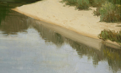Serene beige sandy river shore with green shrubs in Summer River Oil Painting