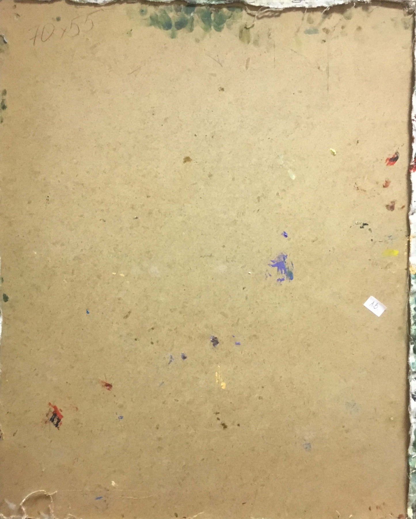 Back of Sergey Dupliy Yellow flowers oil painting with torn beige cardboard, paint splatters and handwritten mark