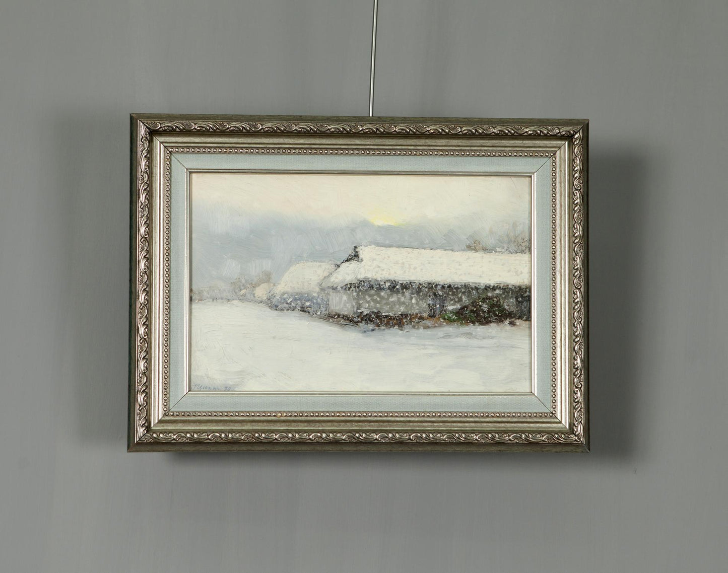 Silver ornate frame with Winter Morning on Sunday snowy landscape oil painting