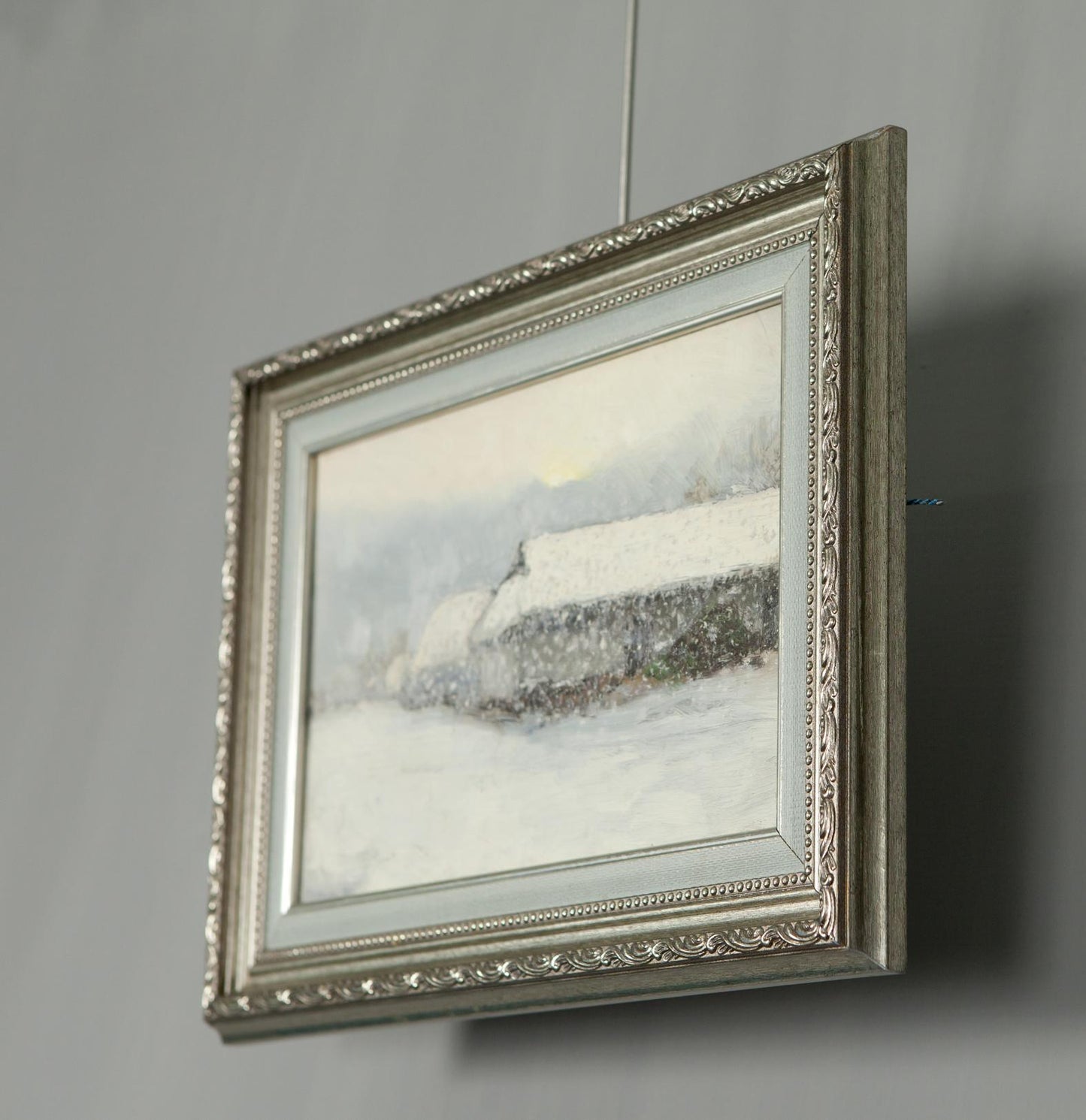 Silver ornate frame with Winter Morning on Sunday snowy watercolor landscape