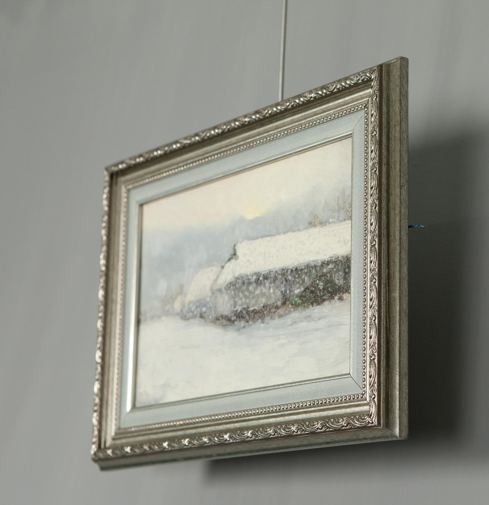 Silver ornate frame with Winter Morning on Sunday snowy watercolor landscape
