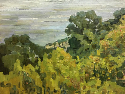 Oil painting River landscape Pianida by Boris Nikitich, lush green foliage
