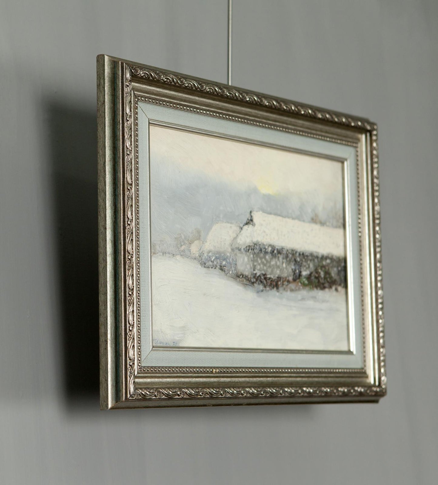 Silver ornate frame with Winter Morning on Sunday snowy landscape oil painting