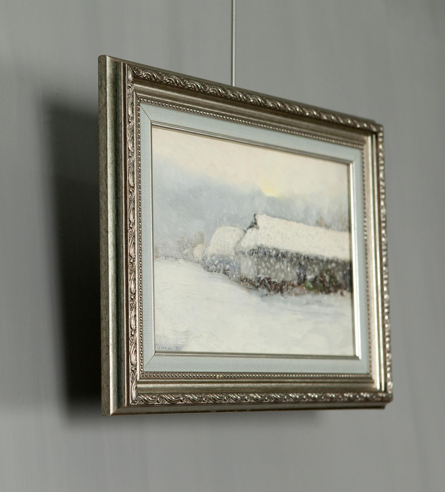 Silver ornate frame with Winter Morning on Sunday snowy landscape oil painting