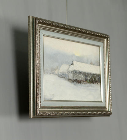 Silver ornate frame with Winter Morning on Sunday snowy landscape oil painting