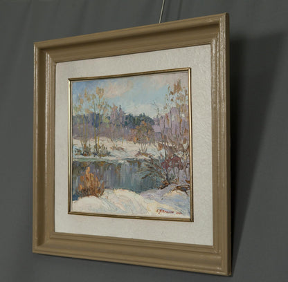 Oil painting Early spring with snow by Sergey Pivtorak in beige frame
