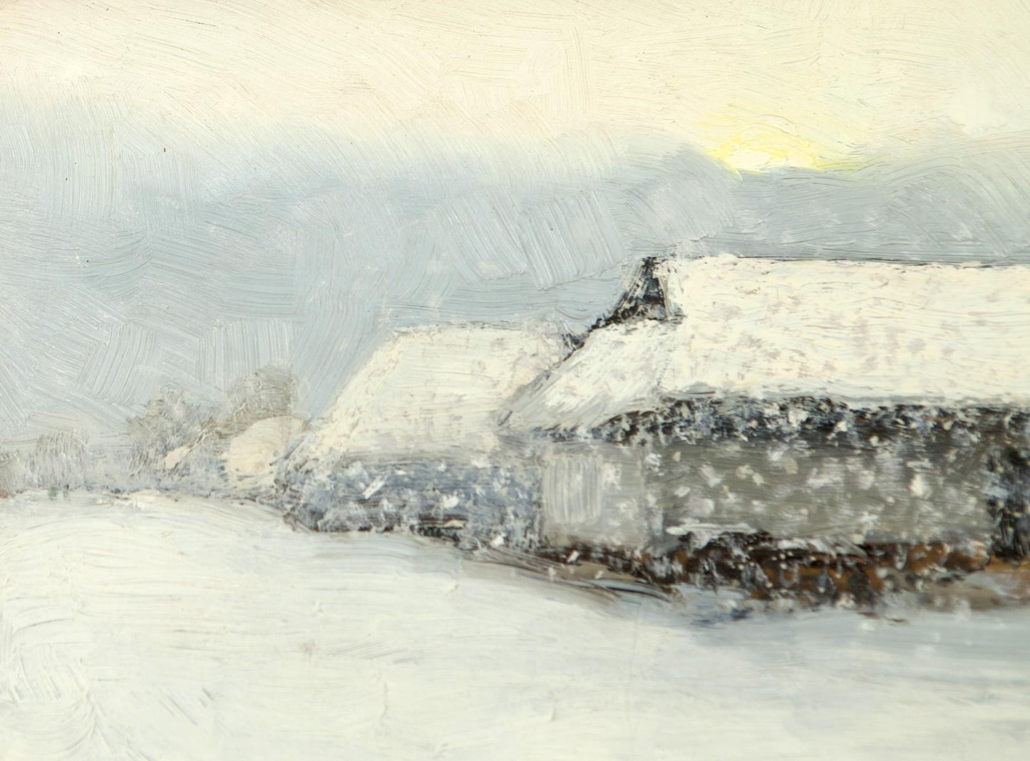 Winter morning on Sunday oil painting of snow-covered rustic stone house with thatched roof