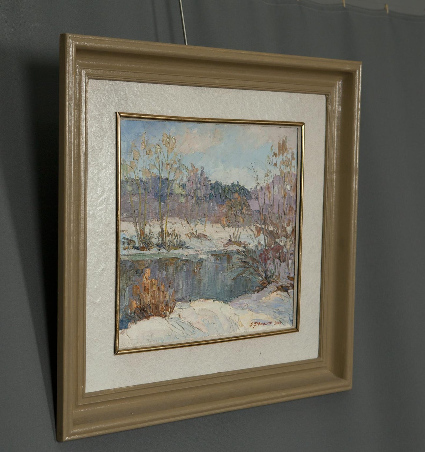 Oil painting Early spring with snow by Sergey Pivtorak in square beige frame