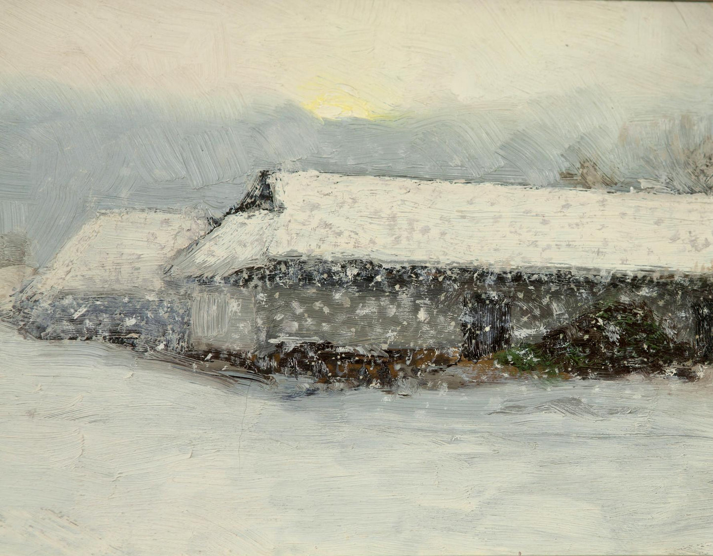 Winter morning on Sunday oil painting of snow-covered rustic stone roof under hazy sky