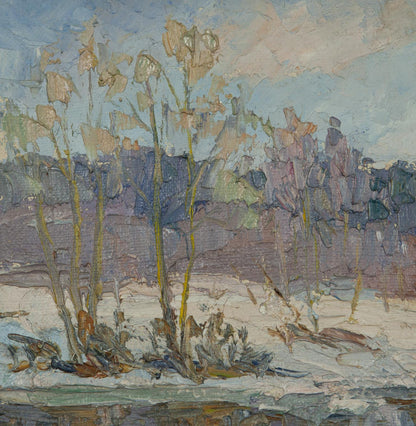 Oil painting Early spring with snow by Sergey Pivtorak, bare trees